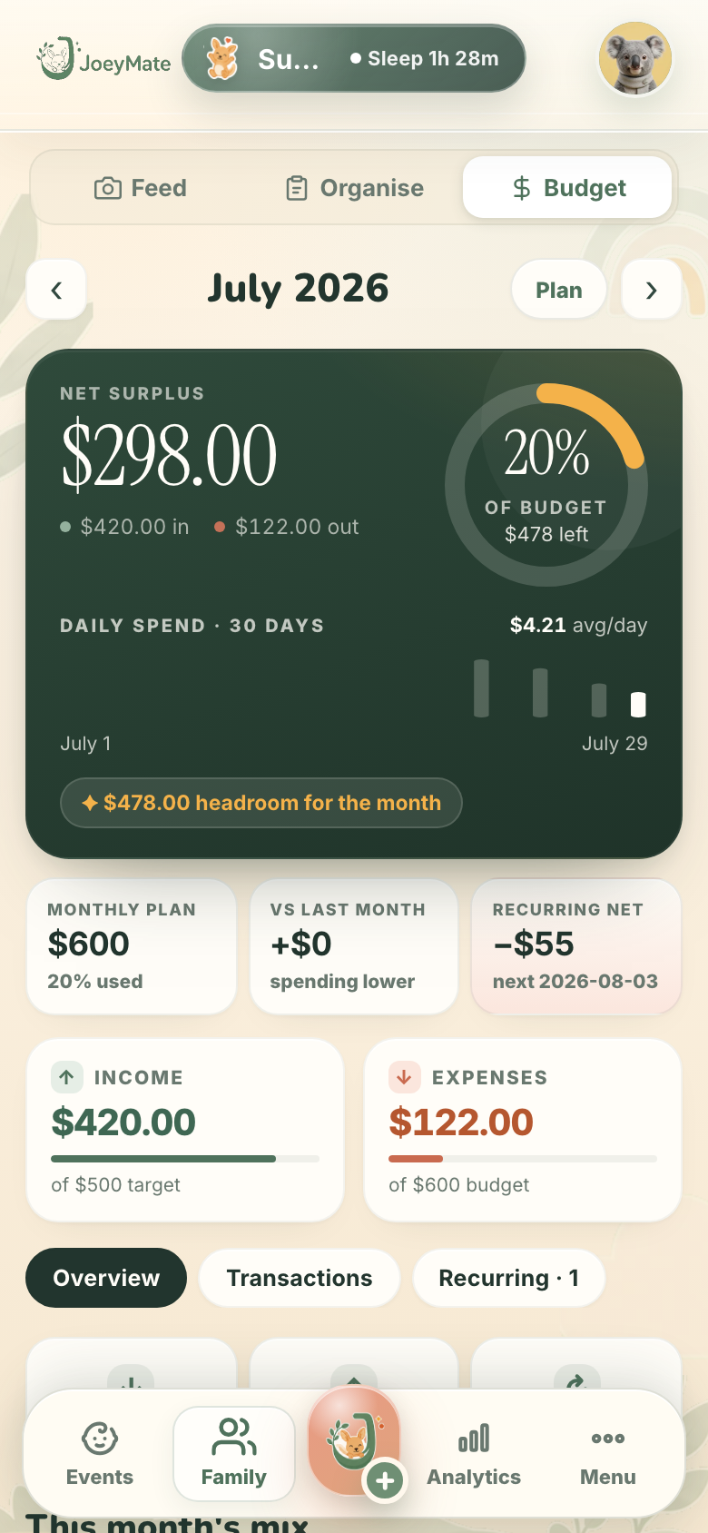 JoeyMate baby budget screen with income and expenses