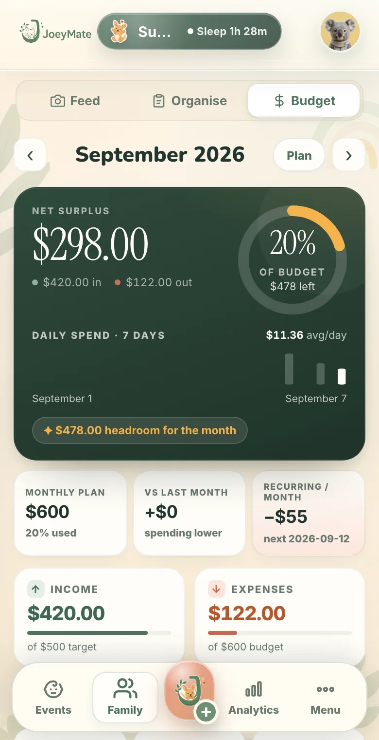JoeyMate baby budget screen with income and expenses