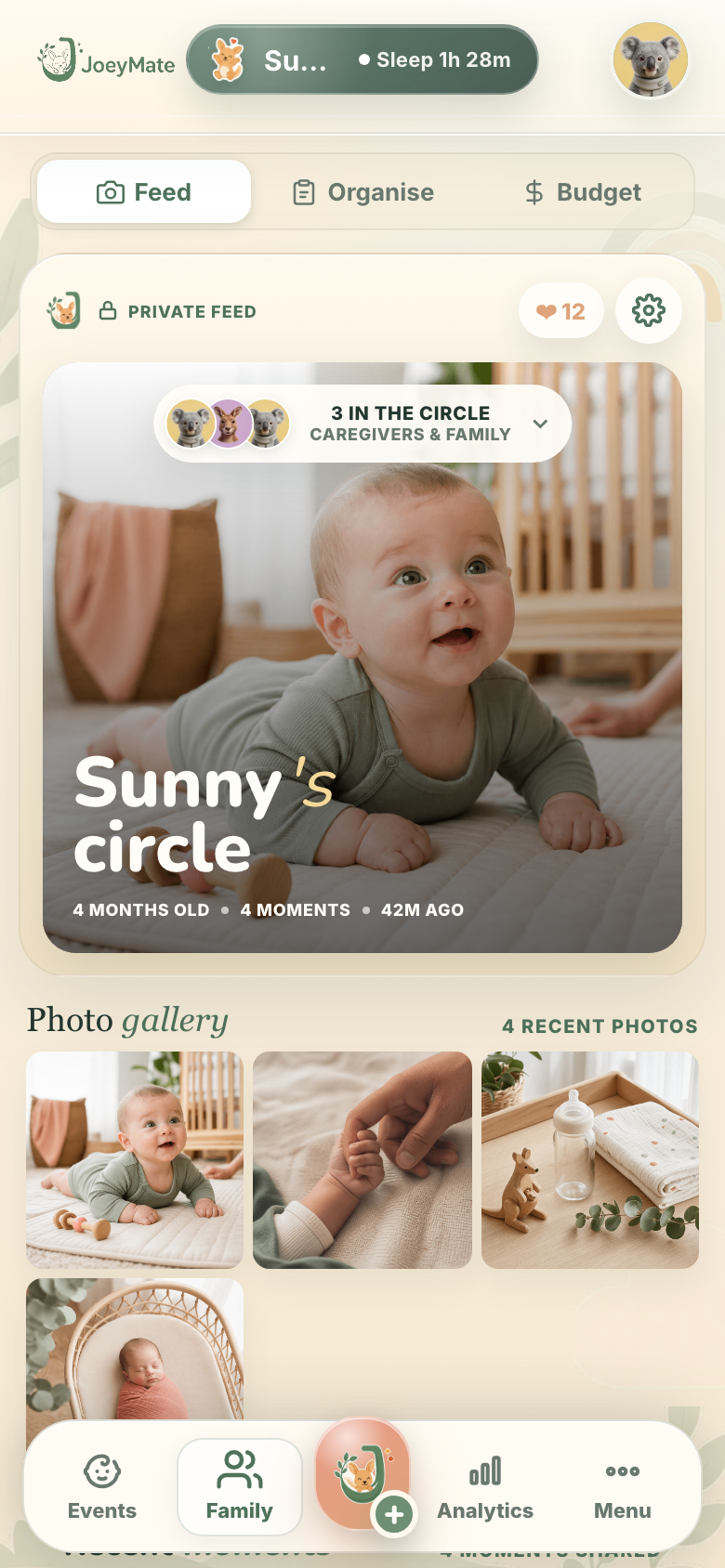 JoeyMate caregiver Family Feed with private posts