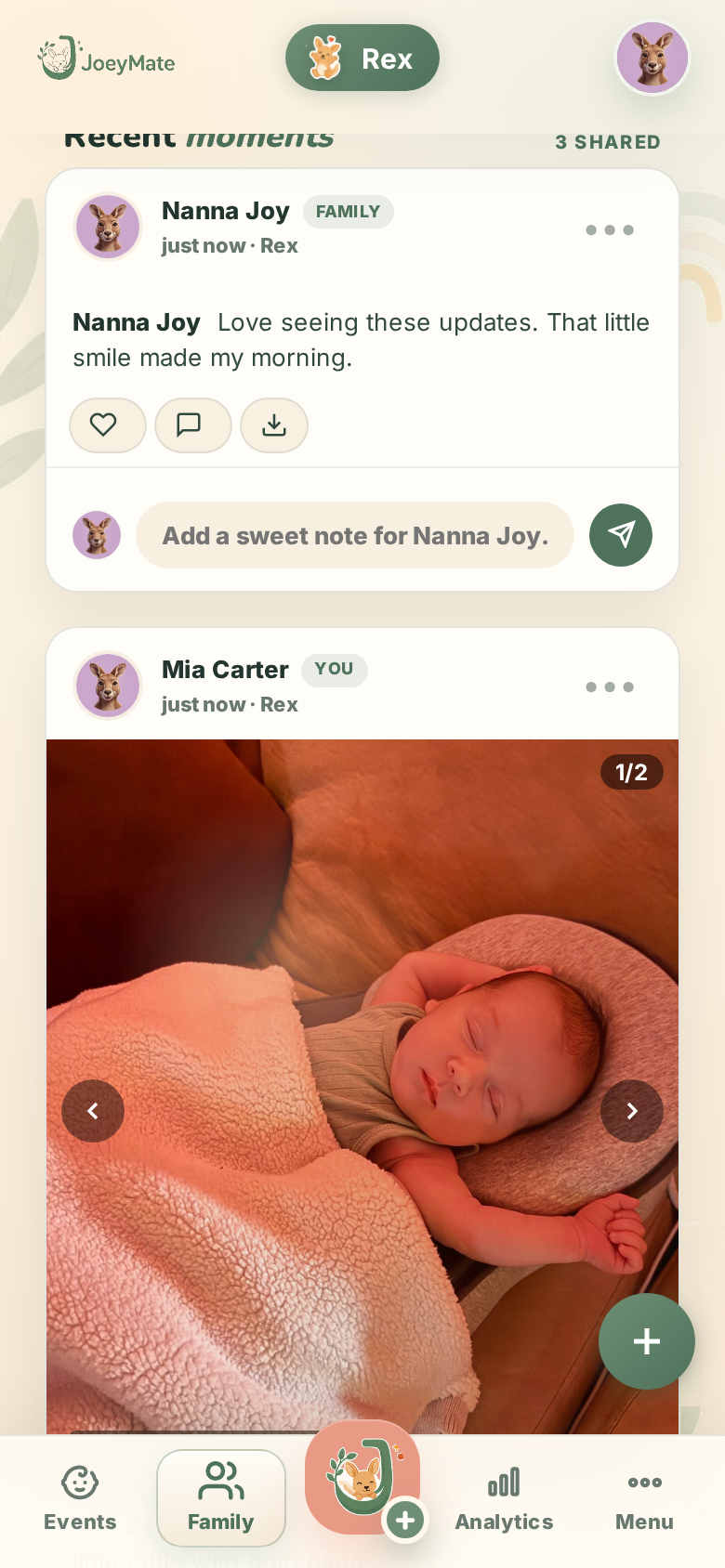 JoeyMate family feed screen showing a shared private family photo post