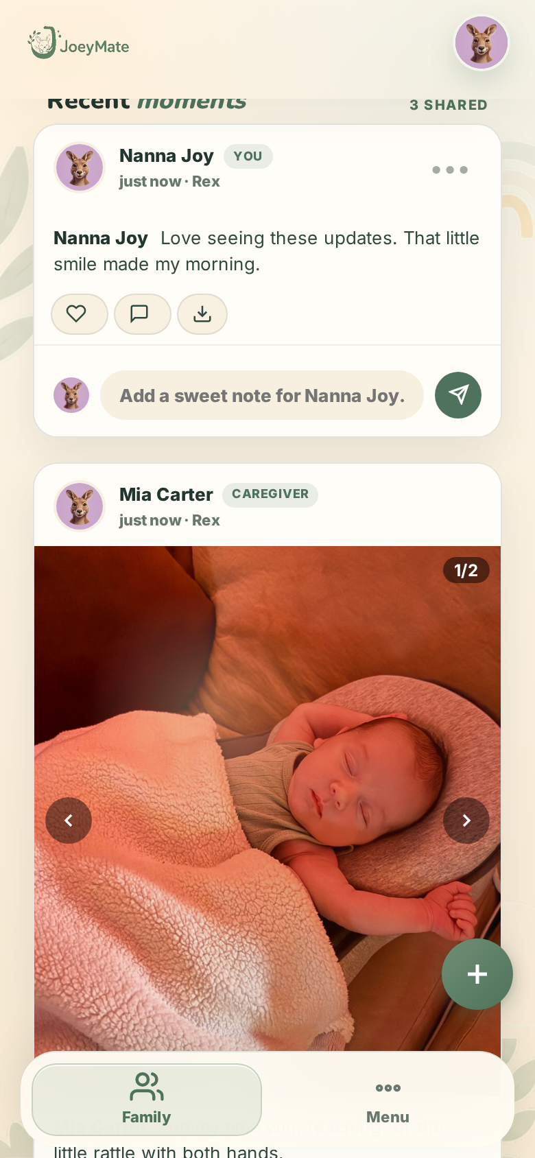 JoeyMate family viewer feed with private posts, comments and reactions