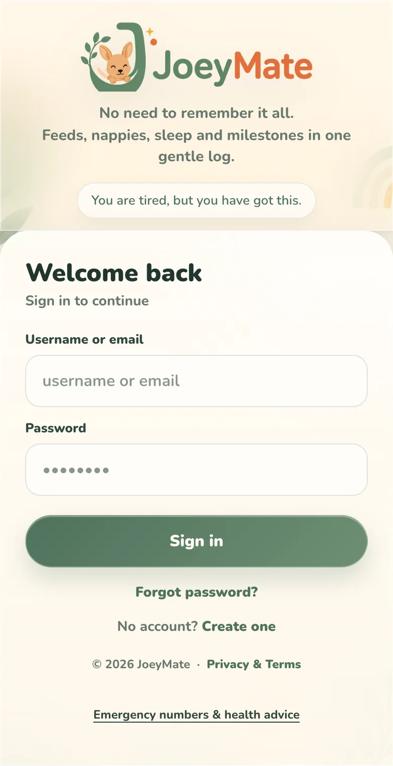 JoeyMate sign in screen