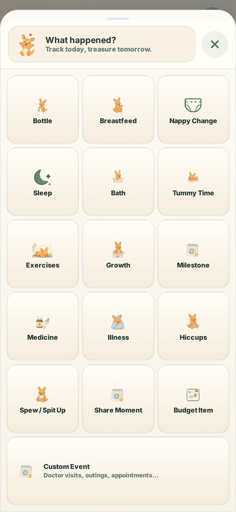JoeyMate event picker with current care event tiles