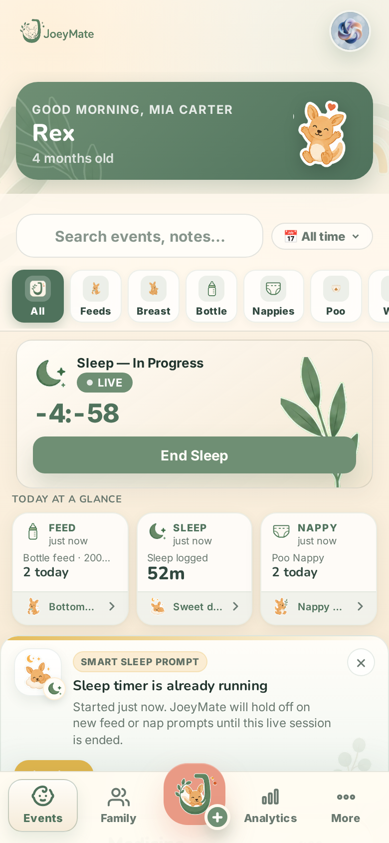 JoeyMate today screen with live sleep timer and sound controls