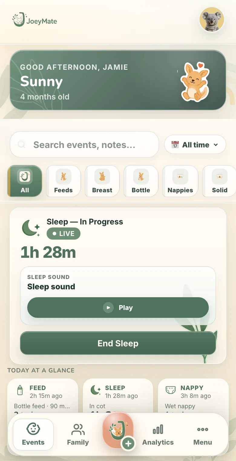 JoeyMate today screen with live sleep timer and sound controls