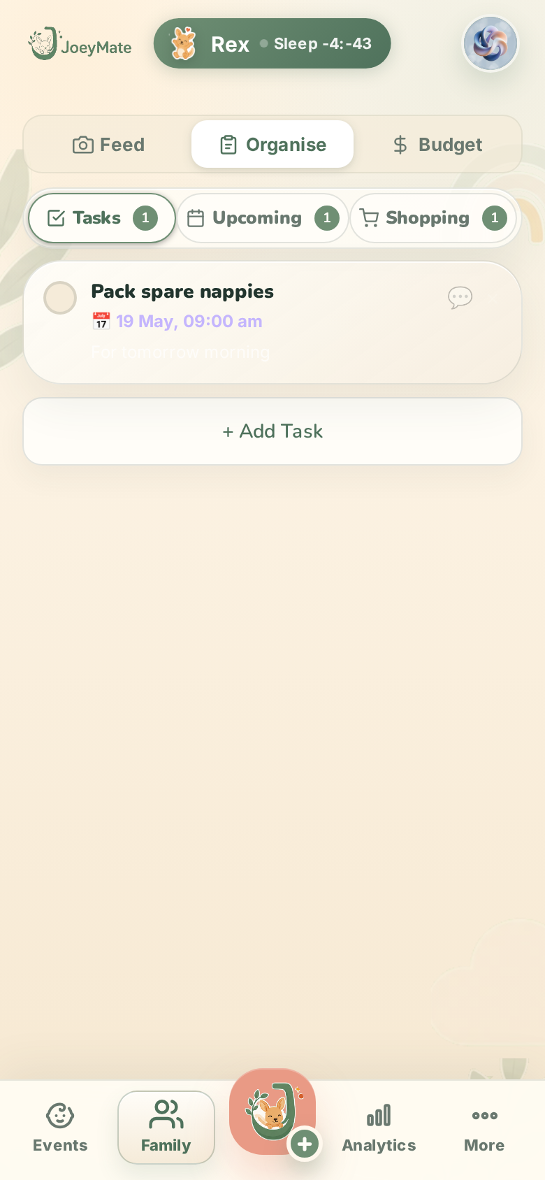 JoeyMate Organise screen with tasks, appointments and reminders