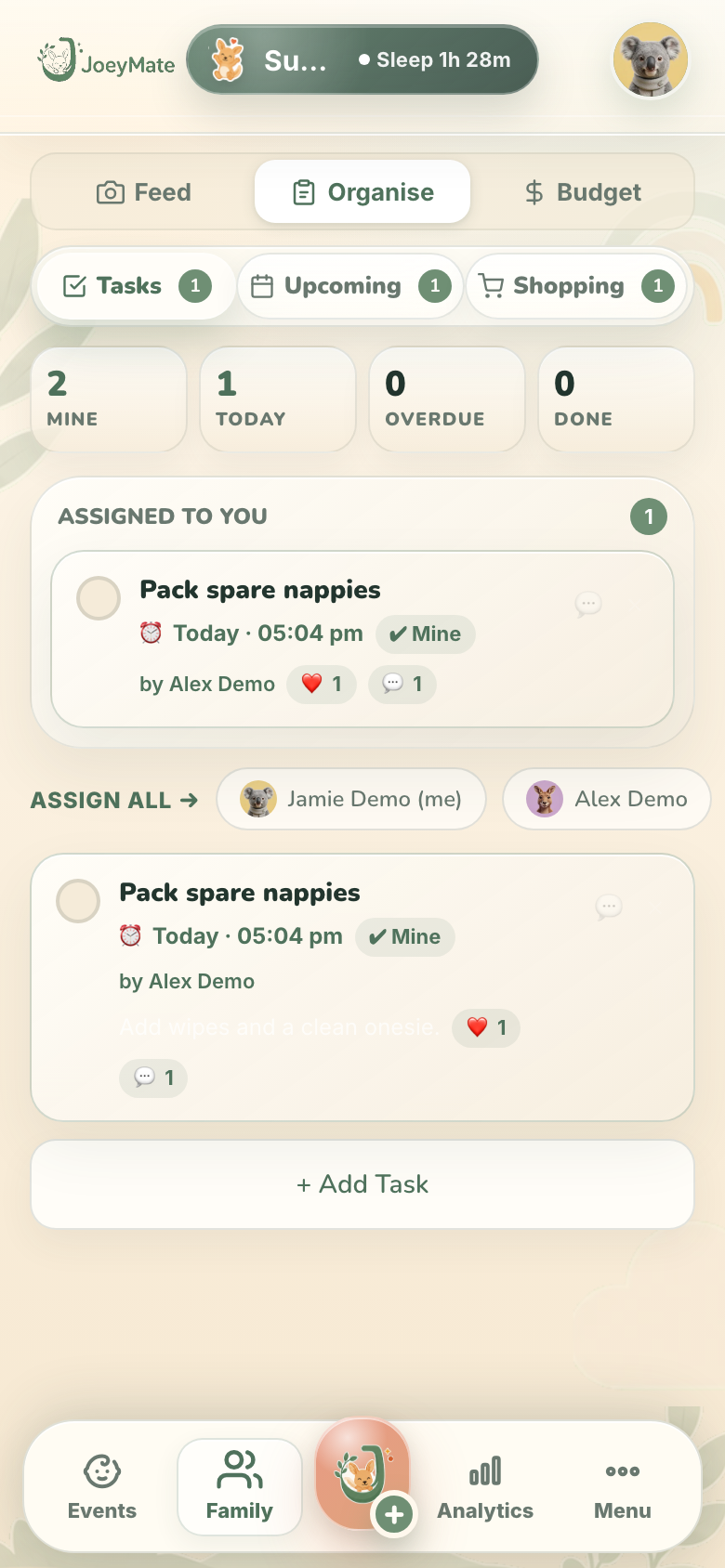 JoeyMate Organise screen with tasks, appointments and reminders